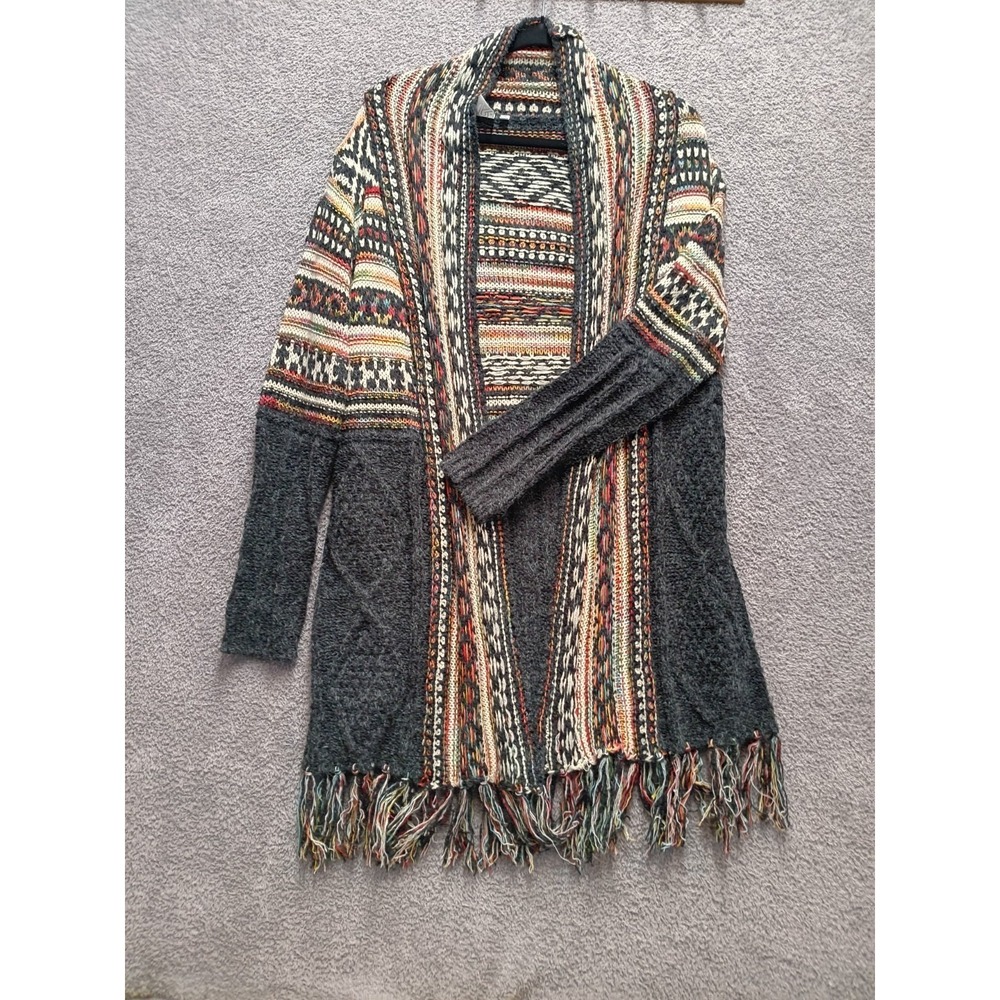 Fashion Apparel Shawl Collar Cardigan Women L XL Tribal Fringe Sweater